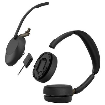 Vue éclatée d'un casque audio circum-auriculaire noir montrant l'écouteur, le serre-tête, le module de commande interne et les pièces distinctes du bras microphone.