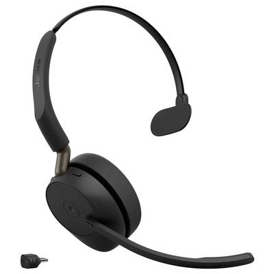 Casque audio supra-auriculaire noir avec microphone perche et adaptateur USB amovible présenté sur fond blanc.