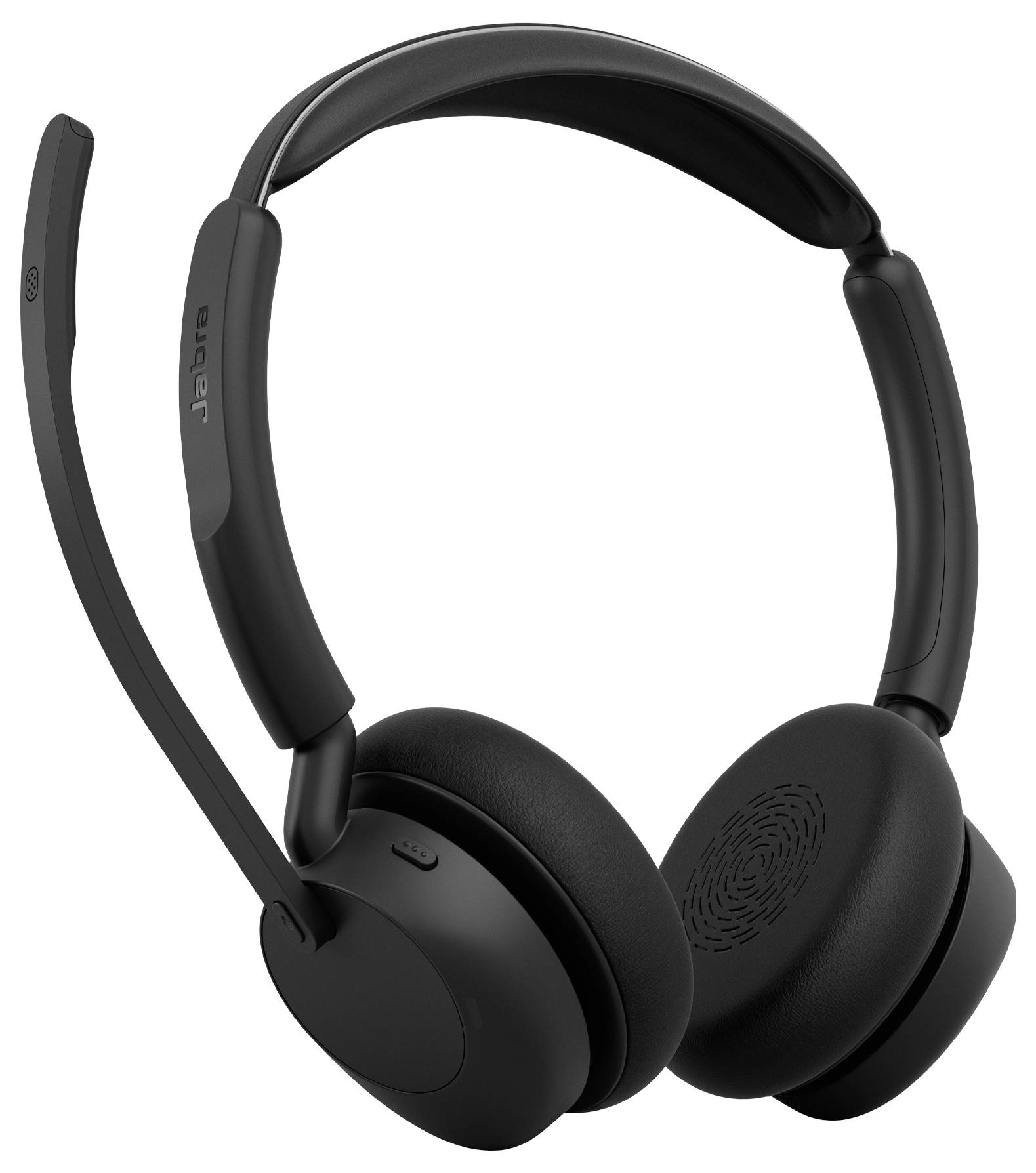 Casque sans fil supra-auriculaire noir avec microphone perche ajustable.
