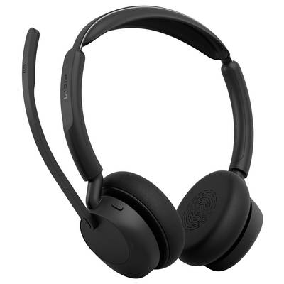 Casque sans fil supra-auriculaire noir avec microphone perche ajustable.