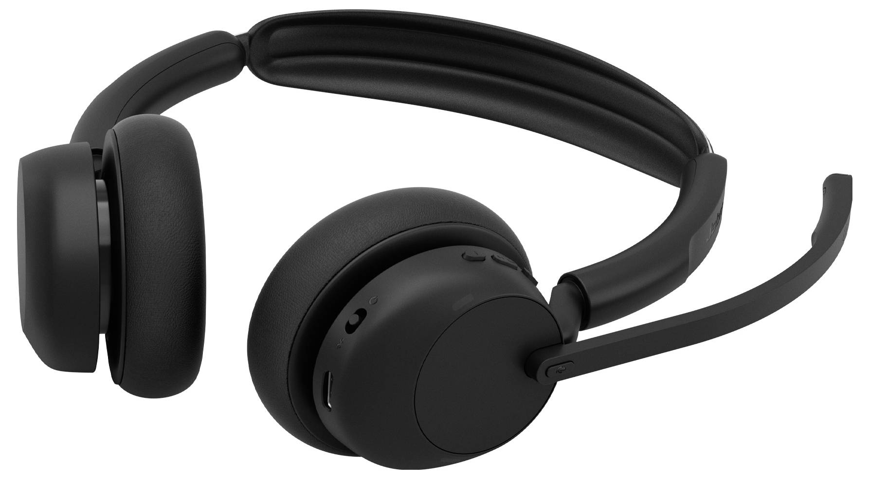 Casque audio sans fil supra-auriculaire noir avec microphone boom sur fond blanc.