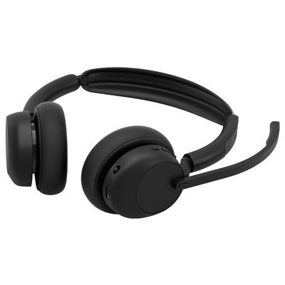 Casque audio sans fil supra-auriculaire noir avec microphone boom sur fond blanc.