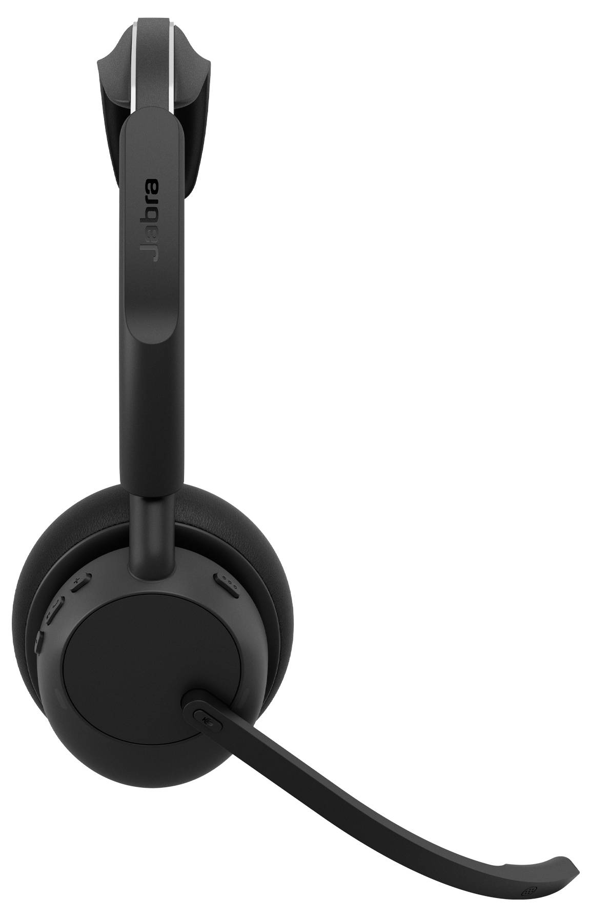 Casque Jabra supra-auriculaire noir avec microphone à perche, présenté sur un fond blanc.