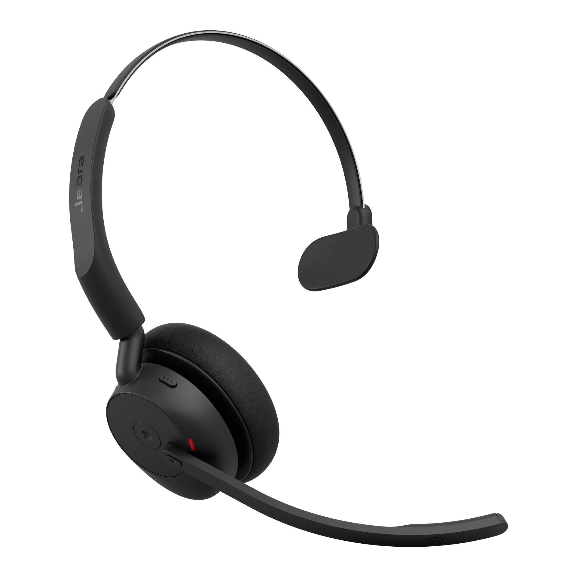 Casque sans fil supra-auriculaire noir avec microphone à perche, présenté sur fond blanc.