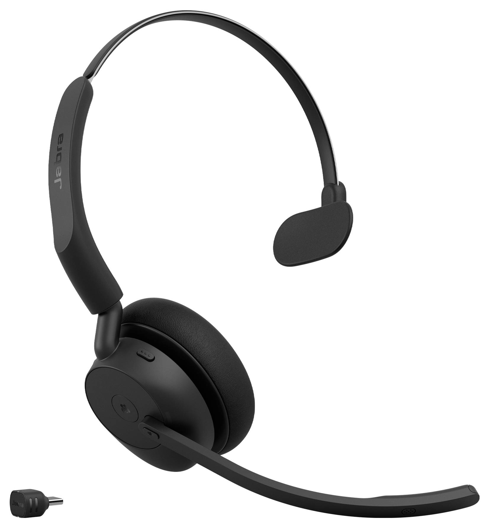 Casque audio Jabra noir supra-auriculaire avec microphone boom, présenté avec un petit connecteur de charge sur fond blanc.