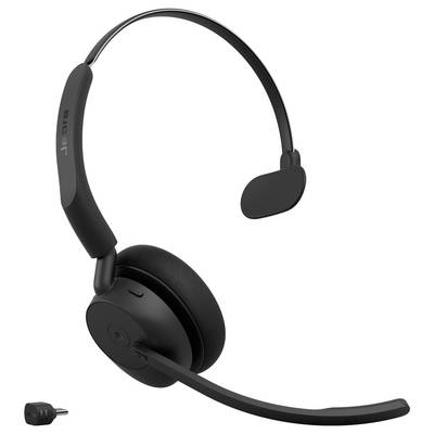 Casque audio Jabra noir supra-auriculaire avec microphone boom, présenté avec un petit connecteur de charge sur fond blanc.