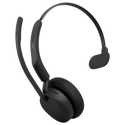 Casque sans fil Jabra noir sur les oreilles avec microphone perché, présenté isolé sur fond blanc.