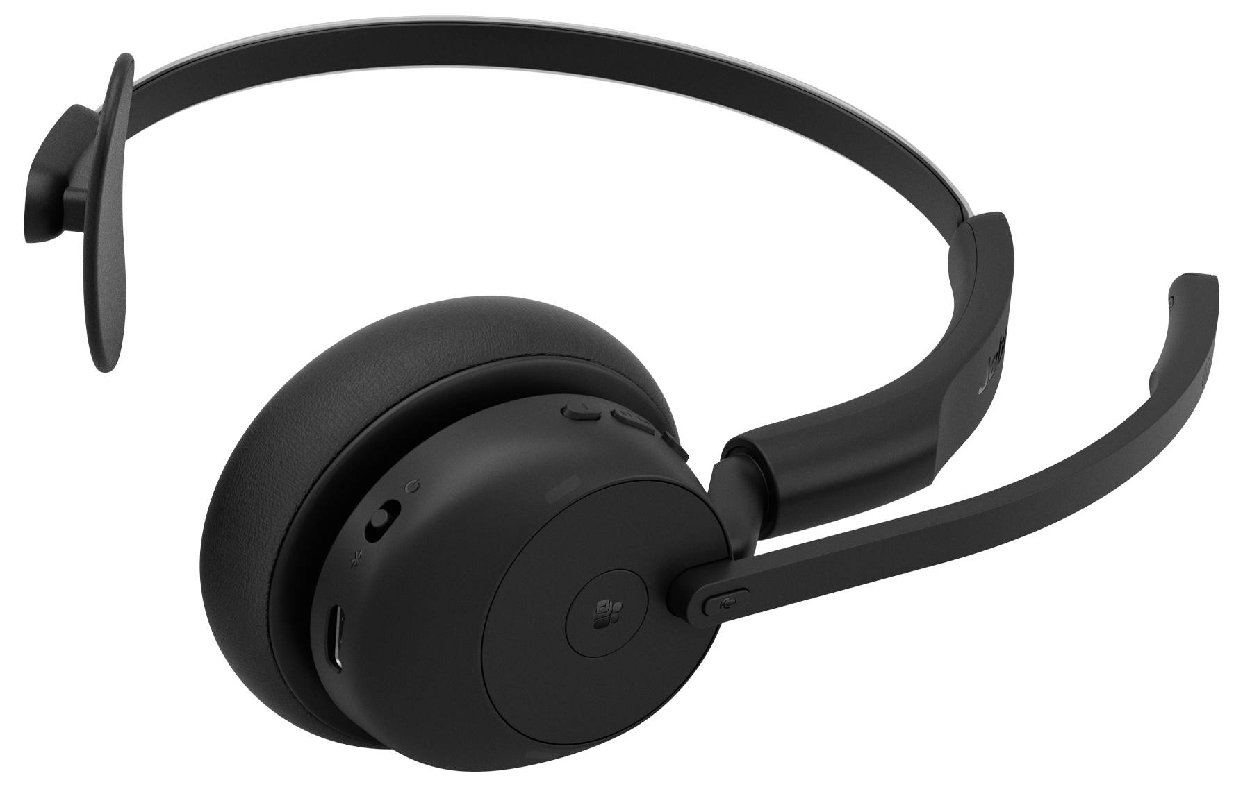 Casque audio noir supra-auriculaire avec microphone à perche réglable sur fond blanc.