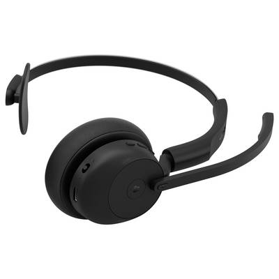 Casque audio noir supra-auriculaire avec microphone à perche réglable sur fond blanc.