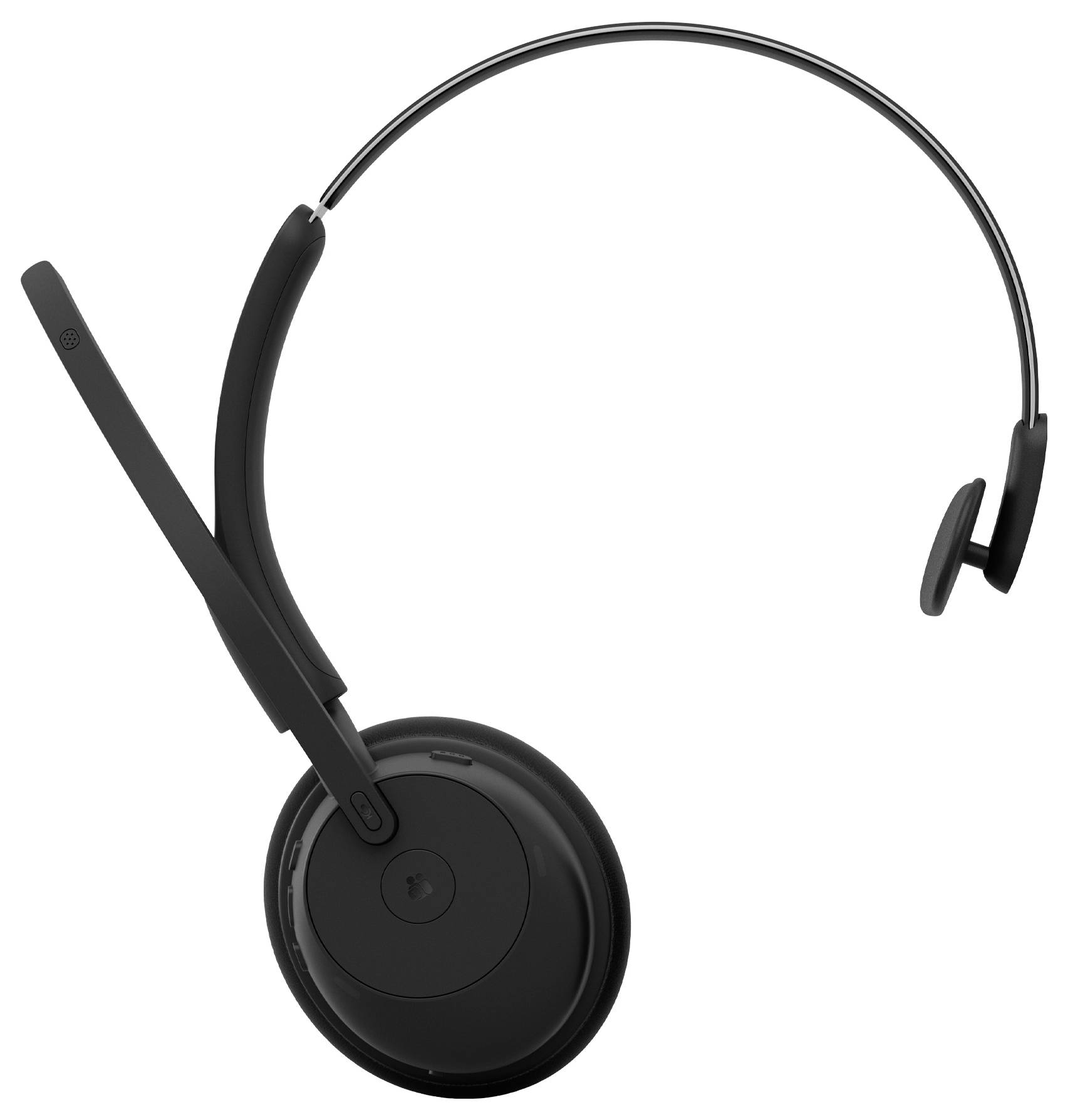 Casque sans fil noir de type supra-auriculaire avec micro-casque, présenté sur fond blanc.