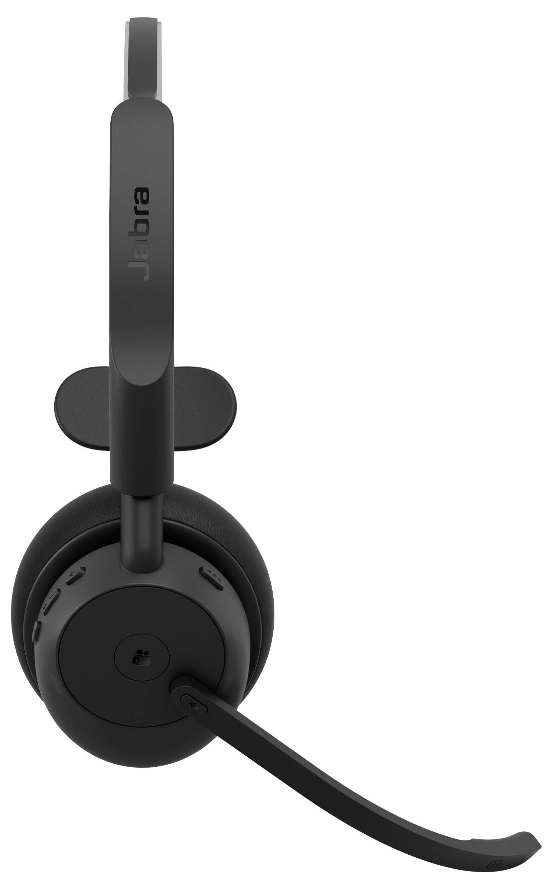 Casque Jabra noir supra-auriculaire avec microphone à perche sur fond blanc, présenté en vue latérale.