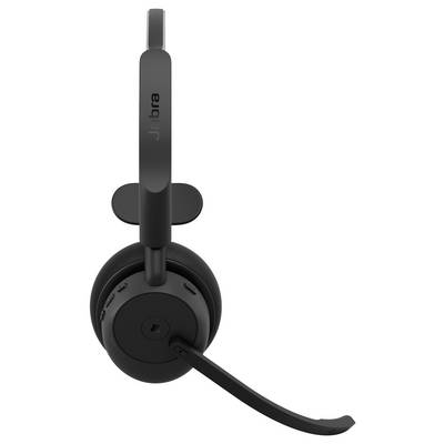 Casque Jabra noir supra-auriculaire avec microphone à perche sur fond blanc, présenté en vue latérale.