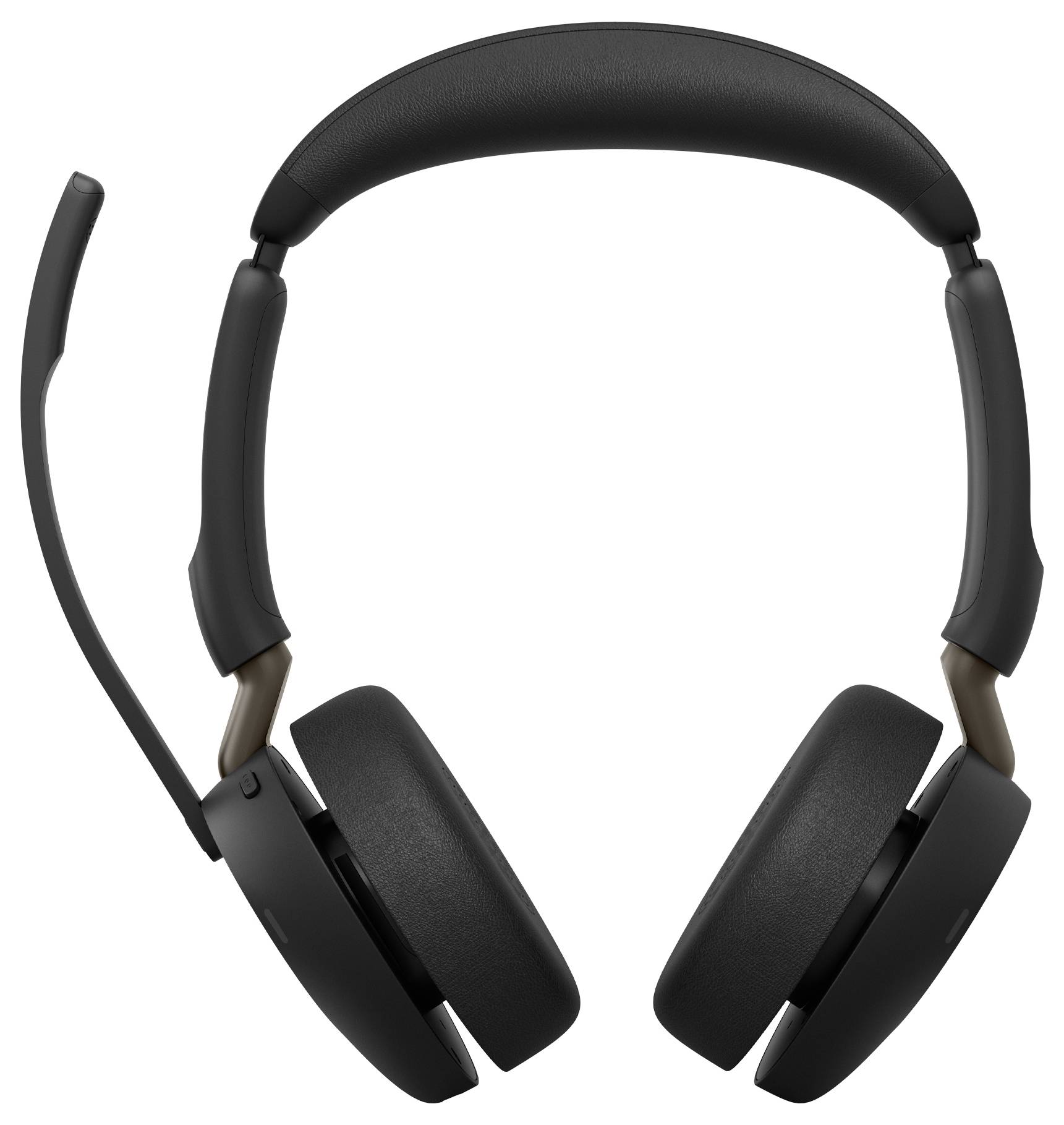 Casque audio supra-auriculaire noir avec des coussinets auriculaires rembourrés et un microphone en perche sur le côté gauche sur fond blanc.