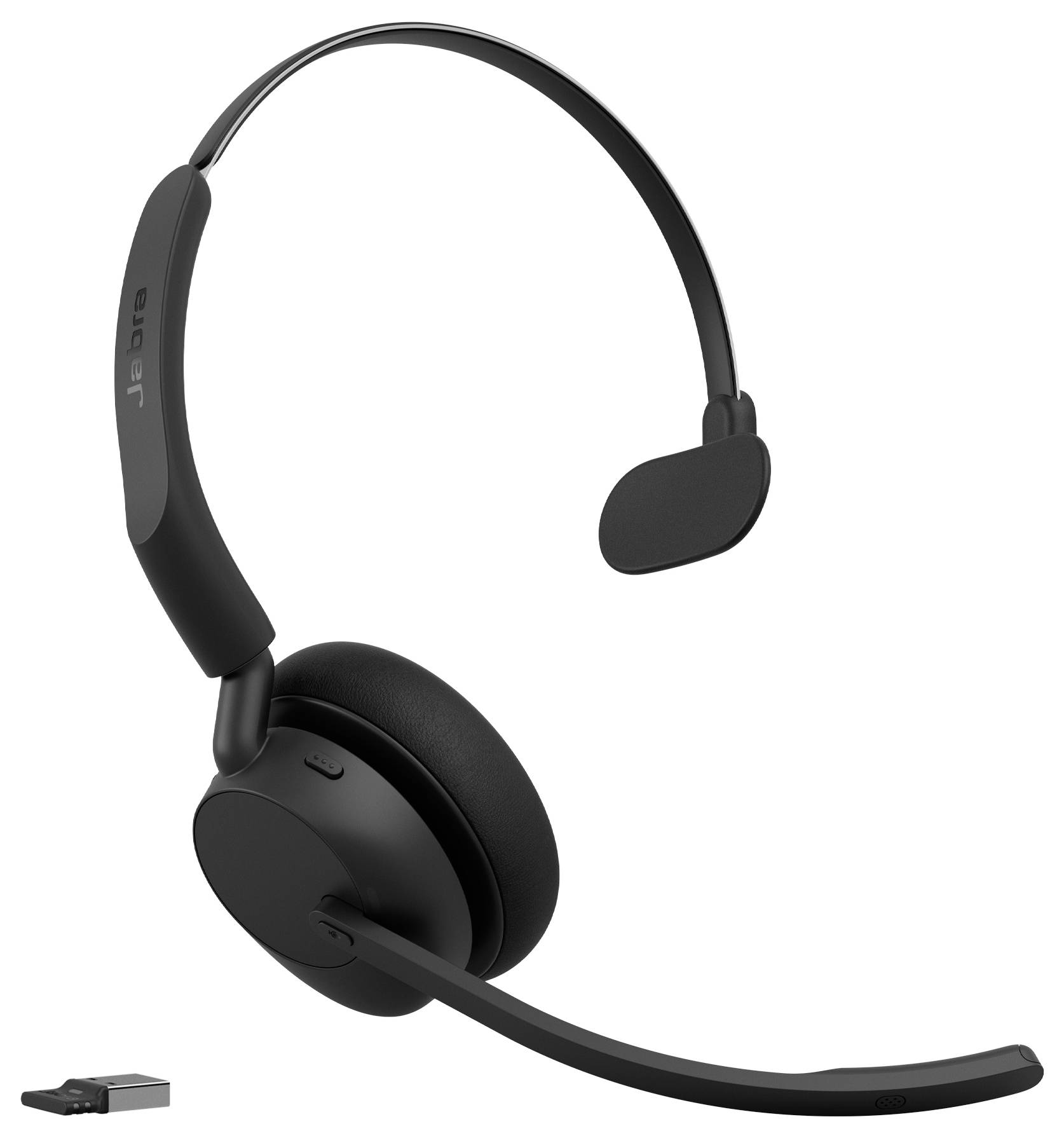 Casque supra-auriculaire Jabra noir avec microphone à perche, présenté sur un fond blanc ; un petit adaptateur USB apparaît en bas à gauche.