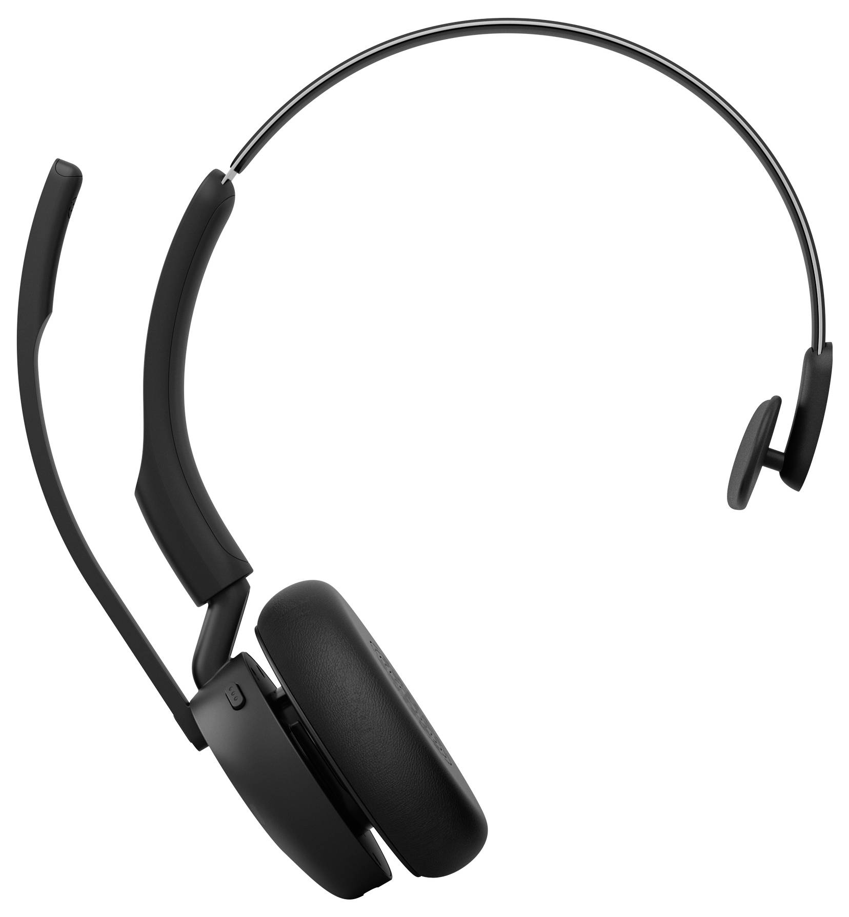 Casque sans fil supra-auriculaire noir avec microphone à bras articulé sur fond blanc.