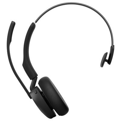 Casque sans fil supra-auriculaire noir avec microphone à bras articulé sur fond blanc.