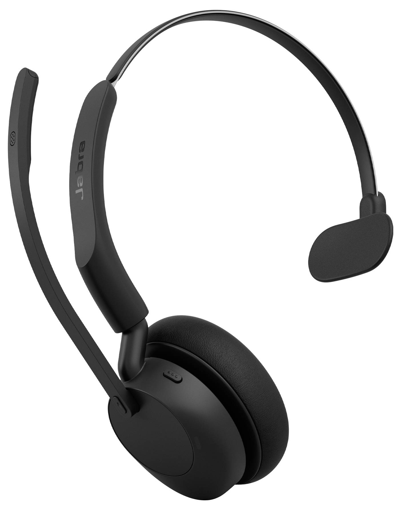 Casque sans fil supra-auriculaire noir avec microphone à perche, présenté en profil sur un fond blanc.