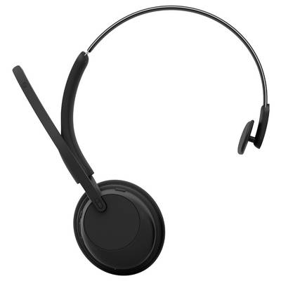 Casque audio sans fil supra-auriculaire noir avec microphone à bras articulé sur fond blanc.