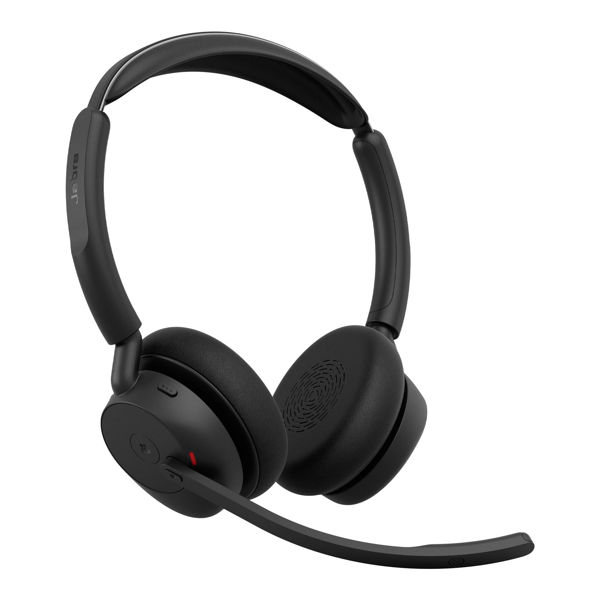 Casque sans fil supra-auriculaire noir avec coussinets auriculaires rembourrés, serre-tête ajustable et microphone à bras pour les appels ou les jeux.