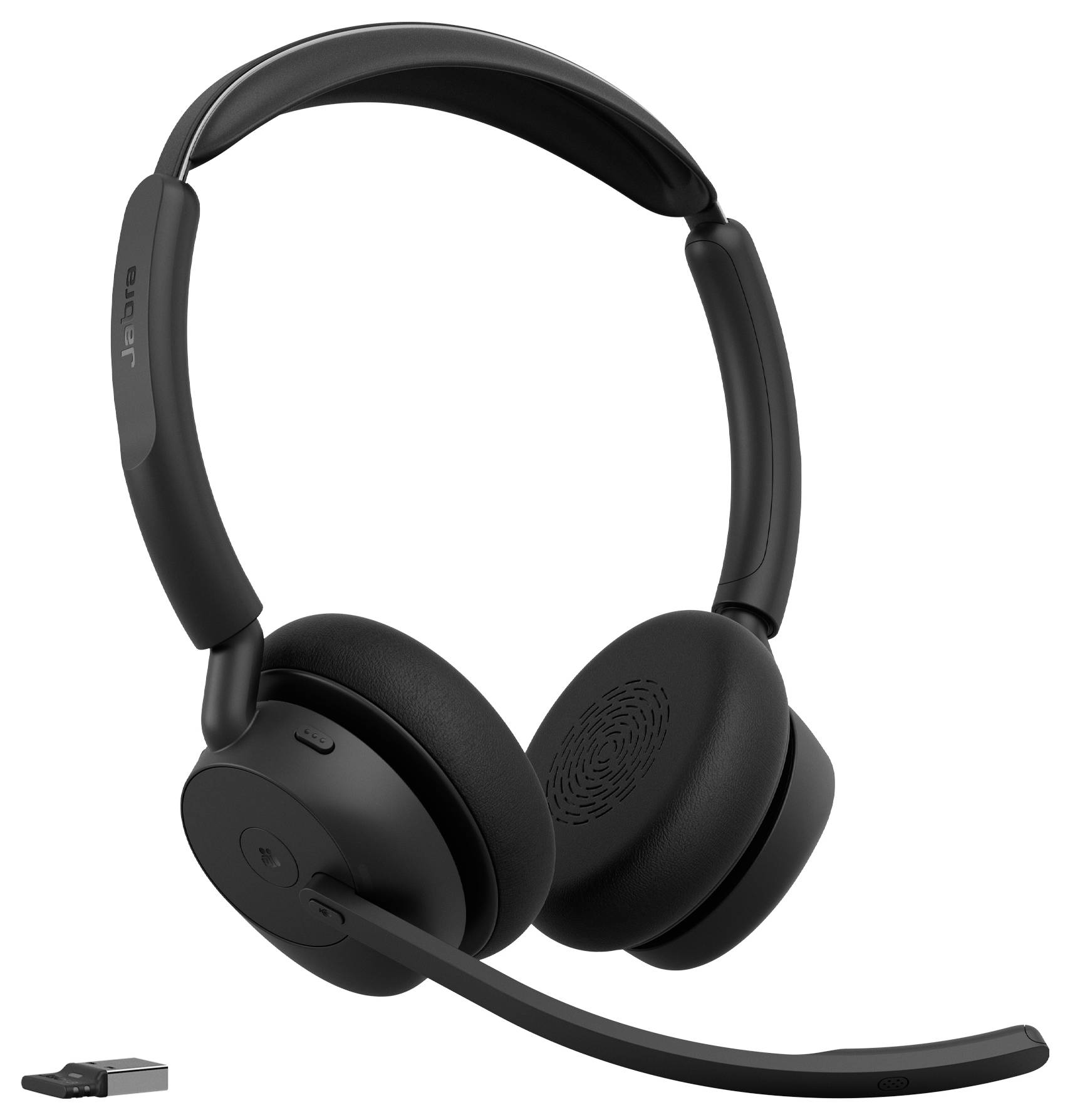 Casque sans fil supra-auriculaire noir avec micro-casque, montré sur un fond blanc, avec un petit dongle USB à côté.