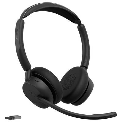 Casque sans fil supra-auriculaire noir avec micro-casque, montré sur un fond blanc, avec un petit dongle USB à côté.