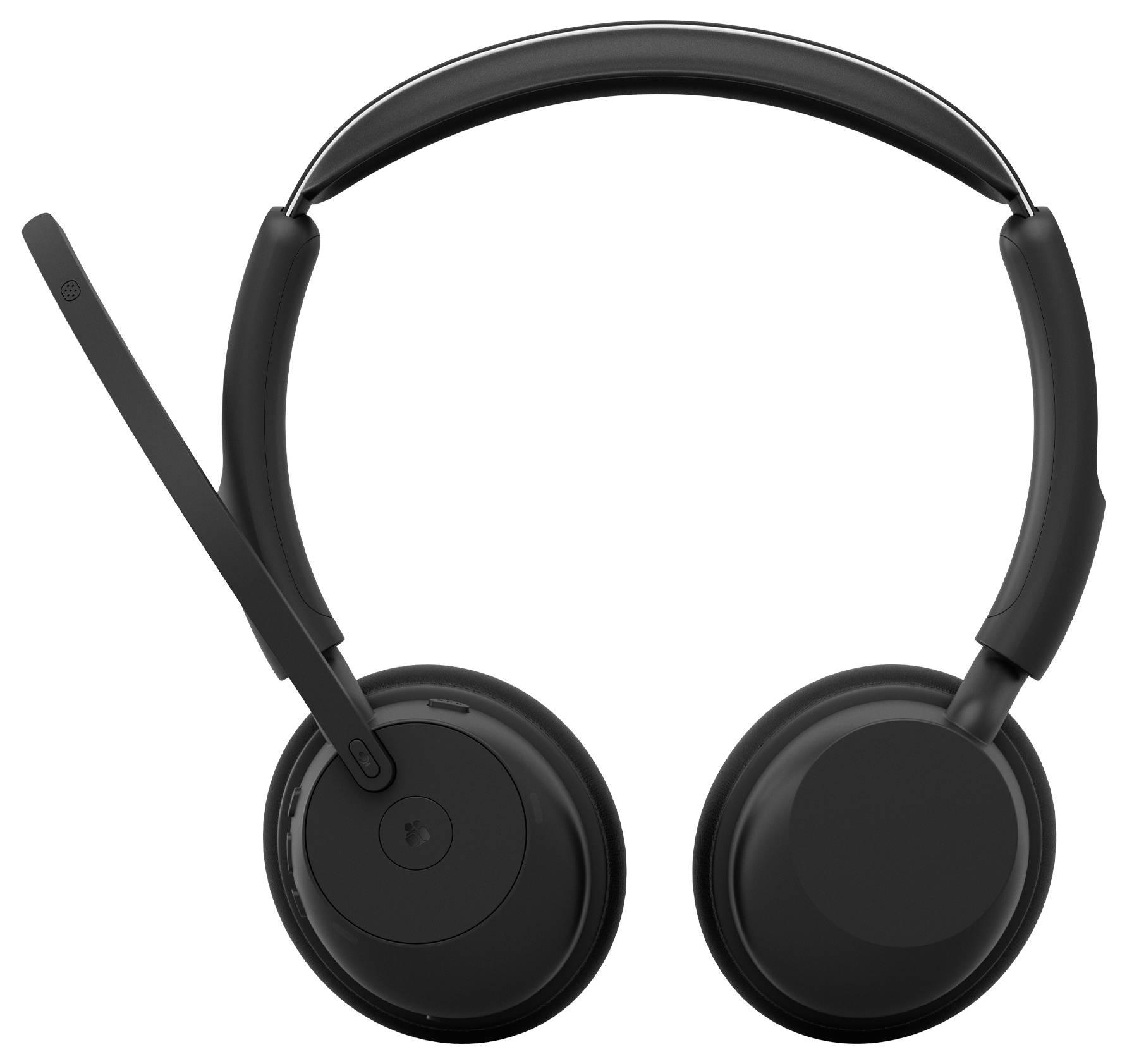 Casque sans fil noir avec microphone à perche, isolé sur fond blanc.