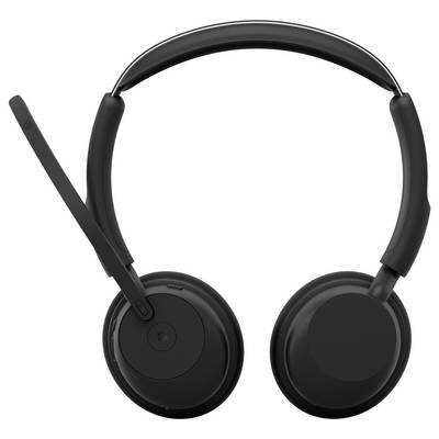 Casque sans fil noir avec microphone à perche, isolé sur fond blanc.