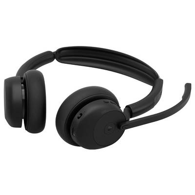 Casque audio sans fil supra-auriculaire noir avec bandeau rembourré et microphone boom, présenté sur un fond blanc.