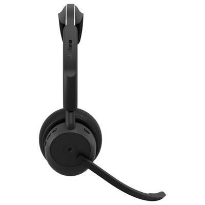 Casque audio Jabra supra-auriculaire noir avec microphone boom, présenté sur un fond blanc uni.