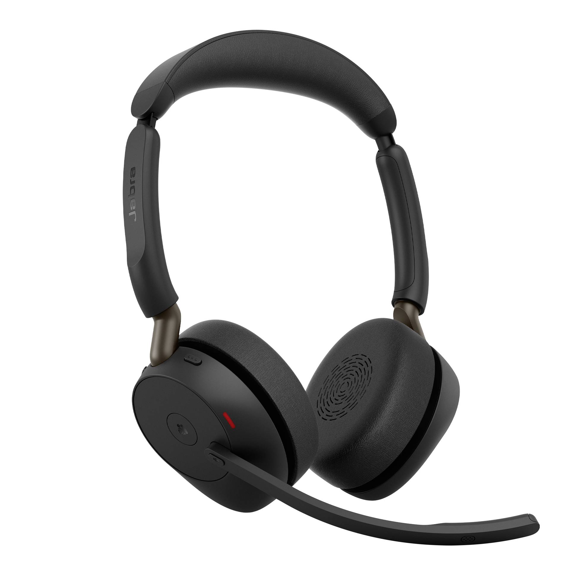 Casque sans fil supra-auriculaire noir avec bandeau rembourré et microphone boom sur un fond blanc.