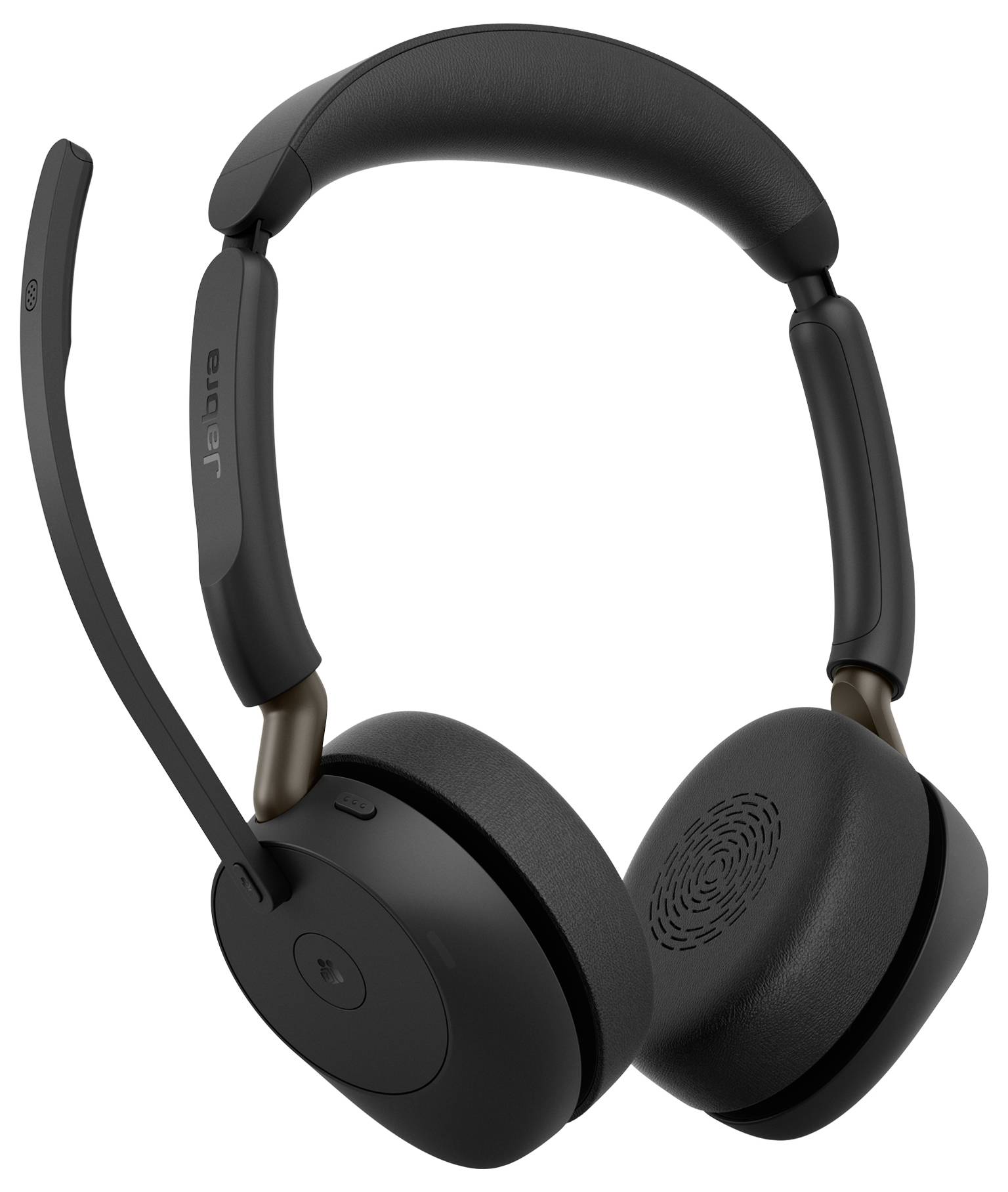 Casque audio sans fil Jabra noir avec microphone boom, présenté sur fond blanc.