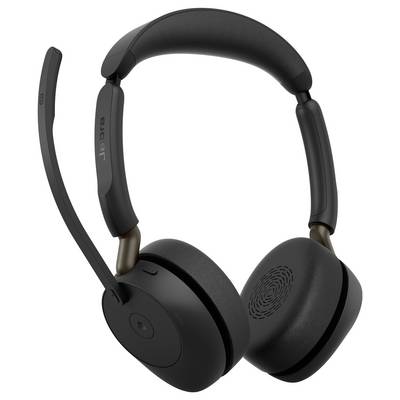 Casque audio sans fil Jabra noir avec microphone boom, présenté sur fond blanc.
