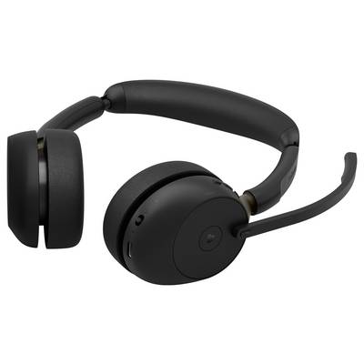 Casque audio sans fil supra-auriculaire noir avec bandeau rembourré, microphone à bras articulé et larges coussinets auriculaires sur fond blanc.