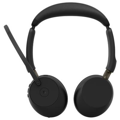 Casque audio sans fil supra-auriculaire noir avec un bras microphone boom étendu sur le côté gauche.