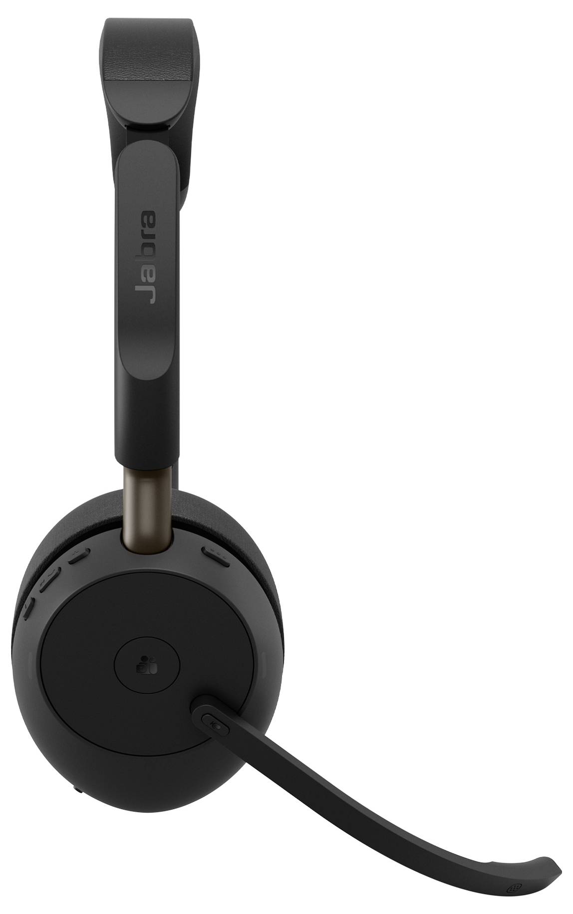 Casque Jabra supra-auriculaire noir avec perche de microphone attachée, montré en vue de face sur fond blanc.