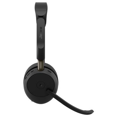 Casque Jabra supra-auriculaire noir avec perche de microphone attachée, montré en vue de face sur fond blanc.