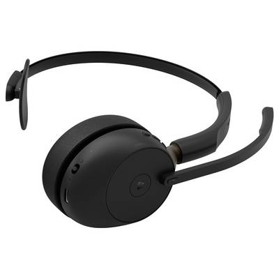 Casque sans fil supra-auriculaire noir avec microphone à bras flexible et bandeau rembourré sur fond blanc