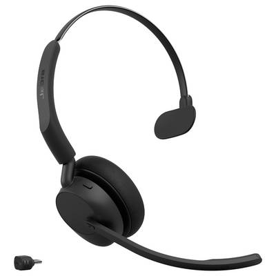Casque sans fil Jabra supra-auriculaire noir avec microphone perche et dongle USB inclus sur fond blanc
