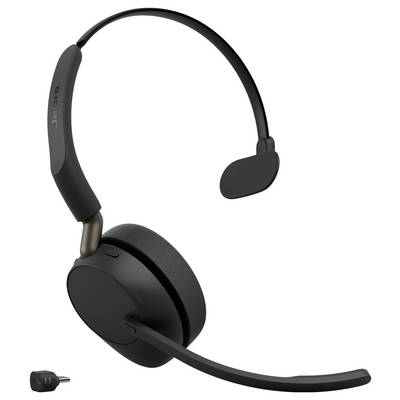 Casque audio noir à arceau avec microphone boom intégré et adaptateur USB fourni, présenté sur un fond blanc.