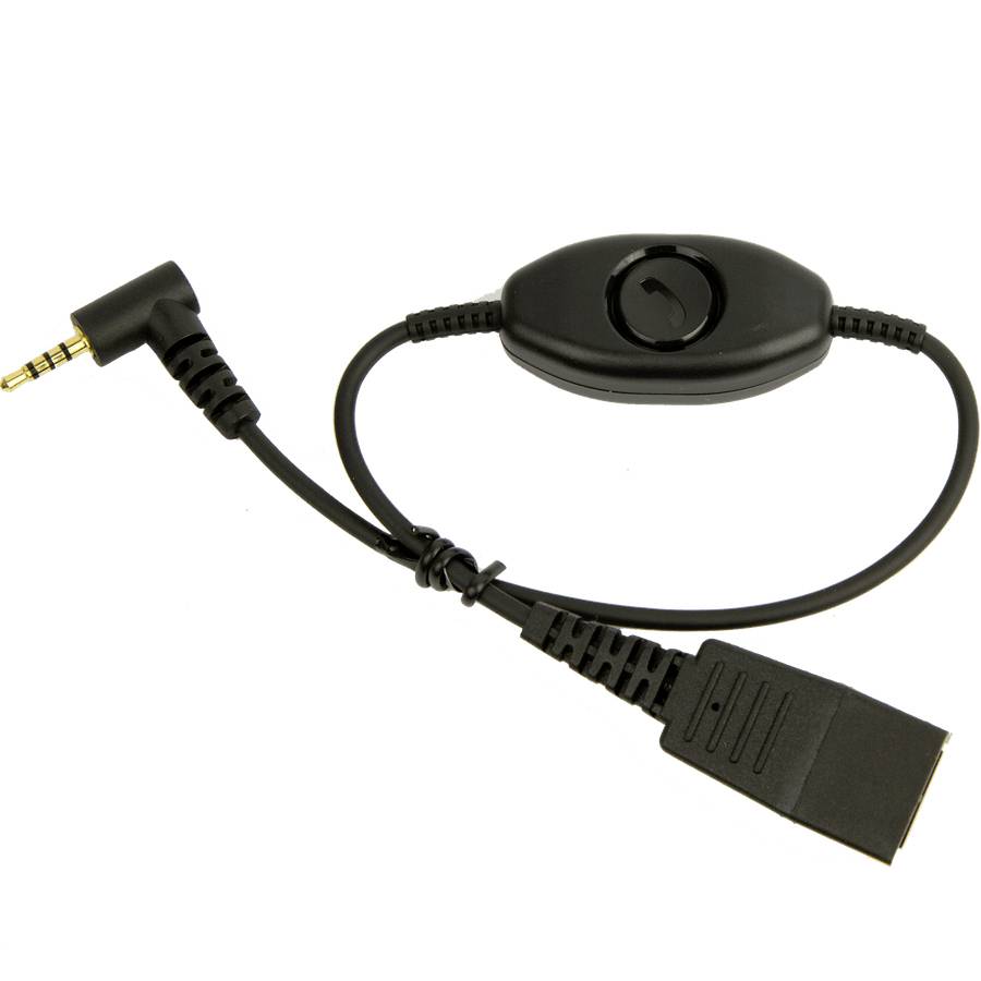 Câble adaptateur audio filaire noir avec une fiche 3,5 mm, contrôle de volume intégré et connecteur rectangulaire sur fond blanc