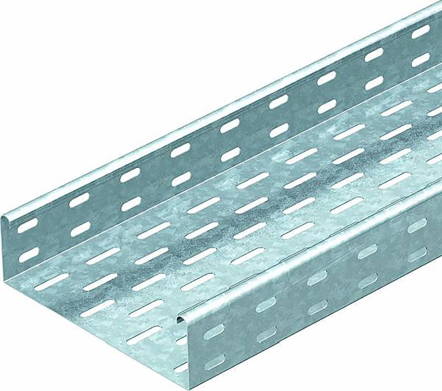 Plateau ou canal de câble métallique turquoise perforé avec support montré sur fond blanc.