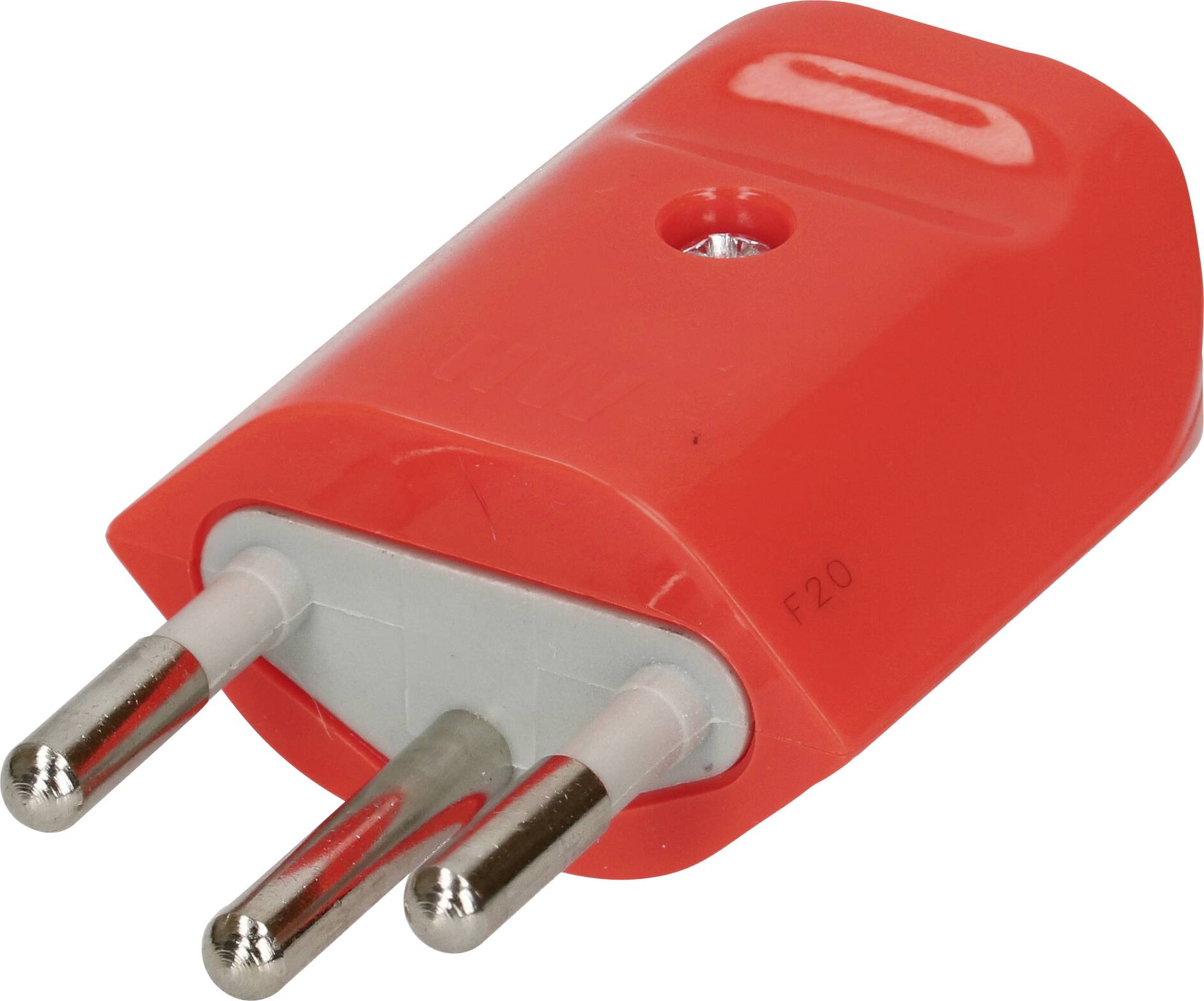 Adaptateur de prise électrique rouge à trois broches avec des plots métalliques sur un fond blanc.