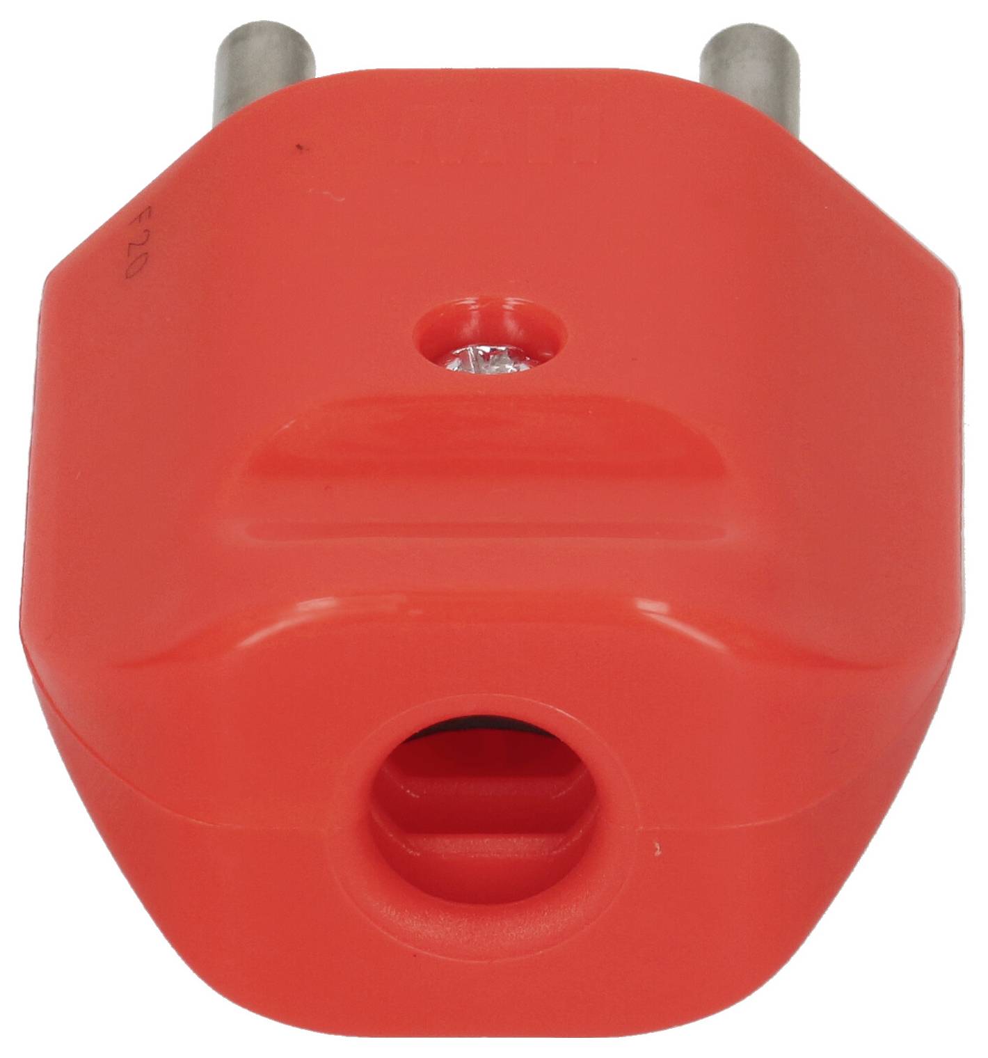 Adaptateur de prise électrique rouge avec deux broches métalliques, montré de face sur un fond blanc.
