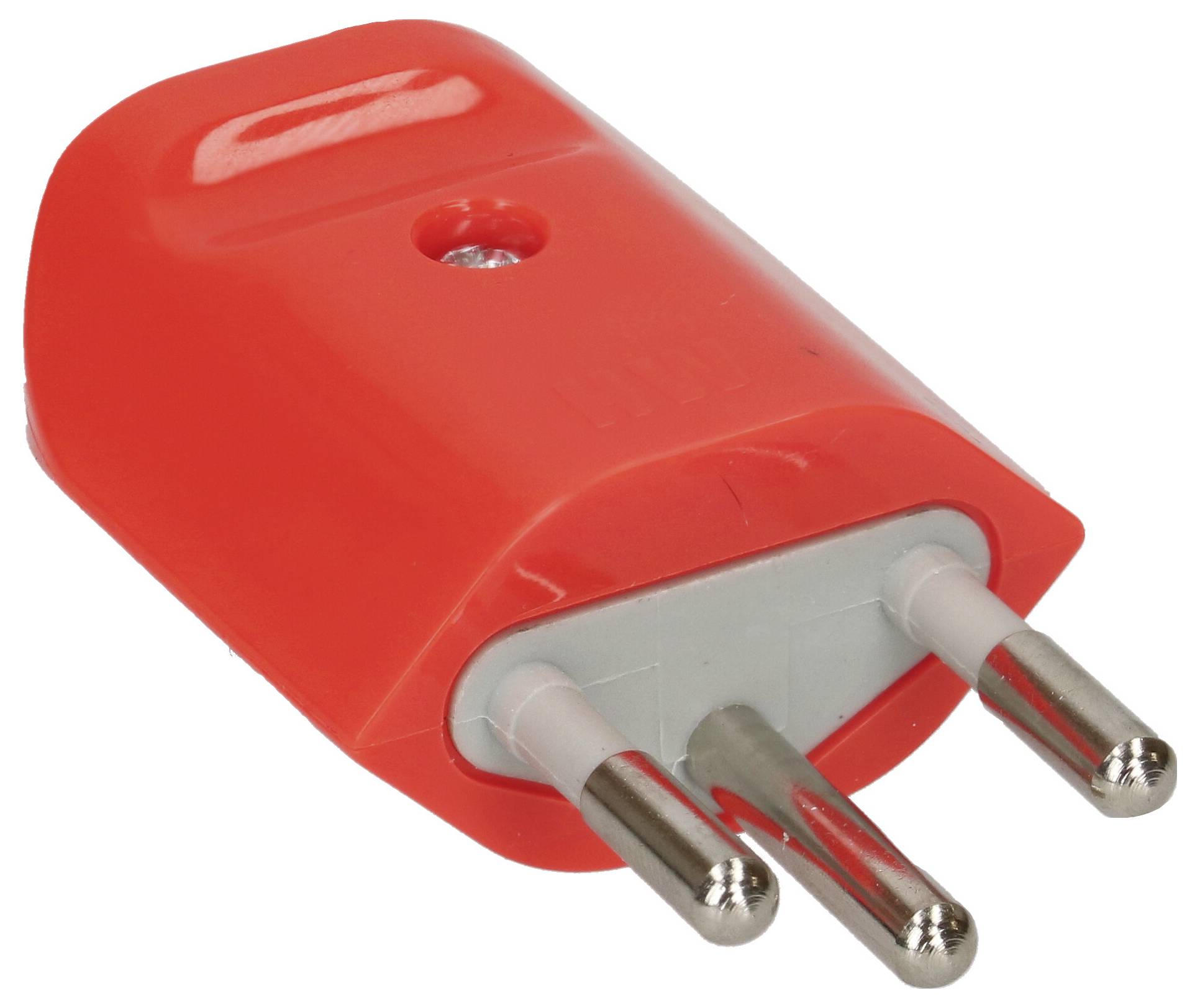 Adaptateur de prise électrique rouge avec trois broches métalliques rondes sur un fond blanc.