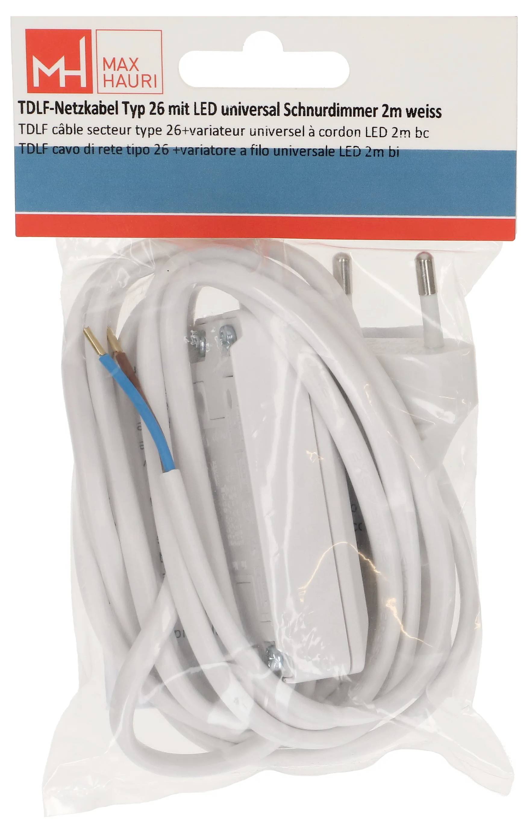 Ensemble de câbles Max Hauri TDLF emballé avec cordon LED blanc universel de 2m, montrant la fiche, les fils et les composants dans un emballage en plastique