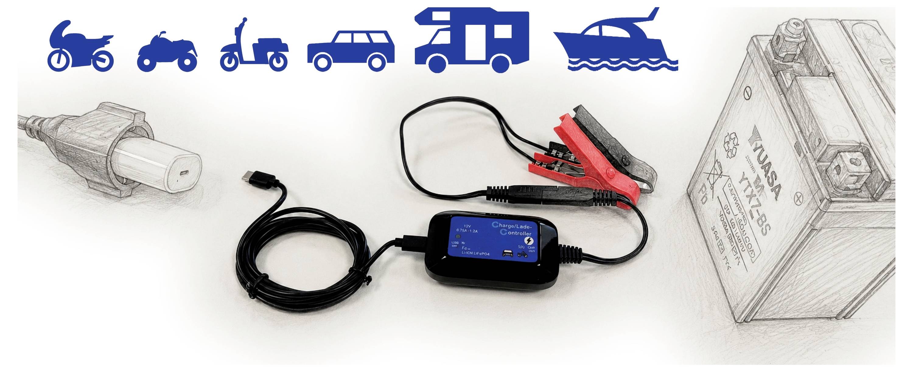 Chargeur/mainteneur de batterie avec câble noir et pinces rouge/noir, présenté à côté d'une batterie de motocyclette Yuasa esquissée et d'icônes de véhicules indiquant l'utilisation pour les voitures, les motos et les bateaux.