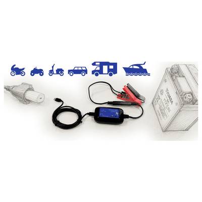 Chargeur/mainteneur de batterie avec câble noir et pinces rouge/noir, présenté à côté d'une batterie de motocyclette Yuasa esquissée et d'icônes de véhicules indiquant l'utilisation pour les voitures, les motos et les bateaux.