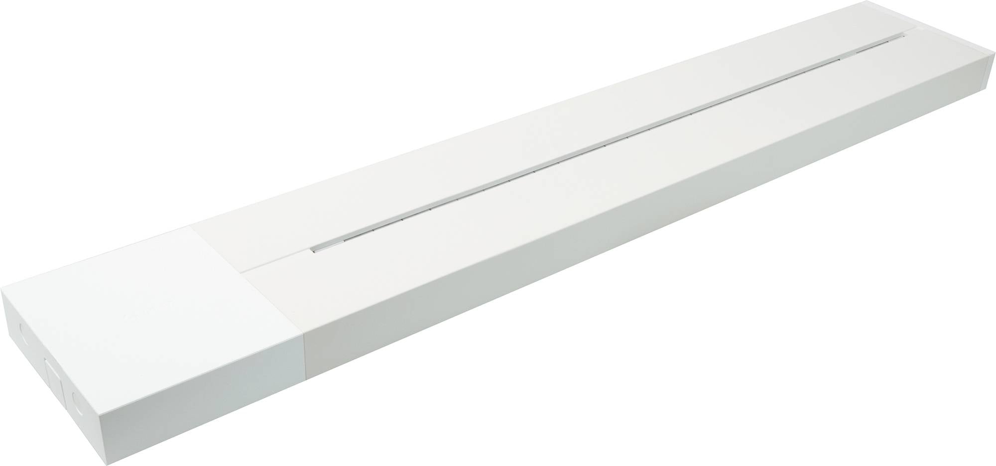 Boîte ou emballage blanc de forme rectangulaire allongée avec une ouverture étroite sur le dessus, présenté sur un fond uni.