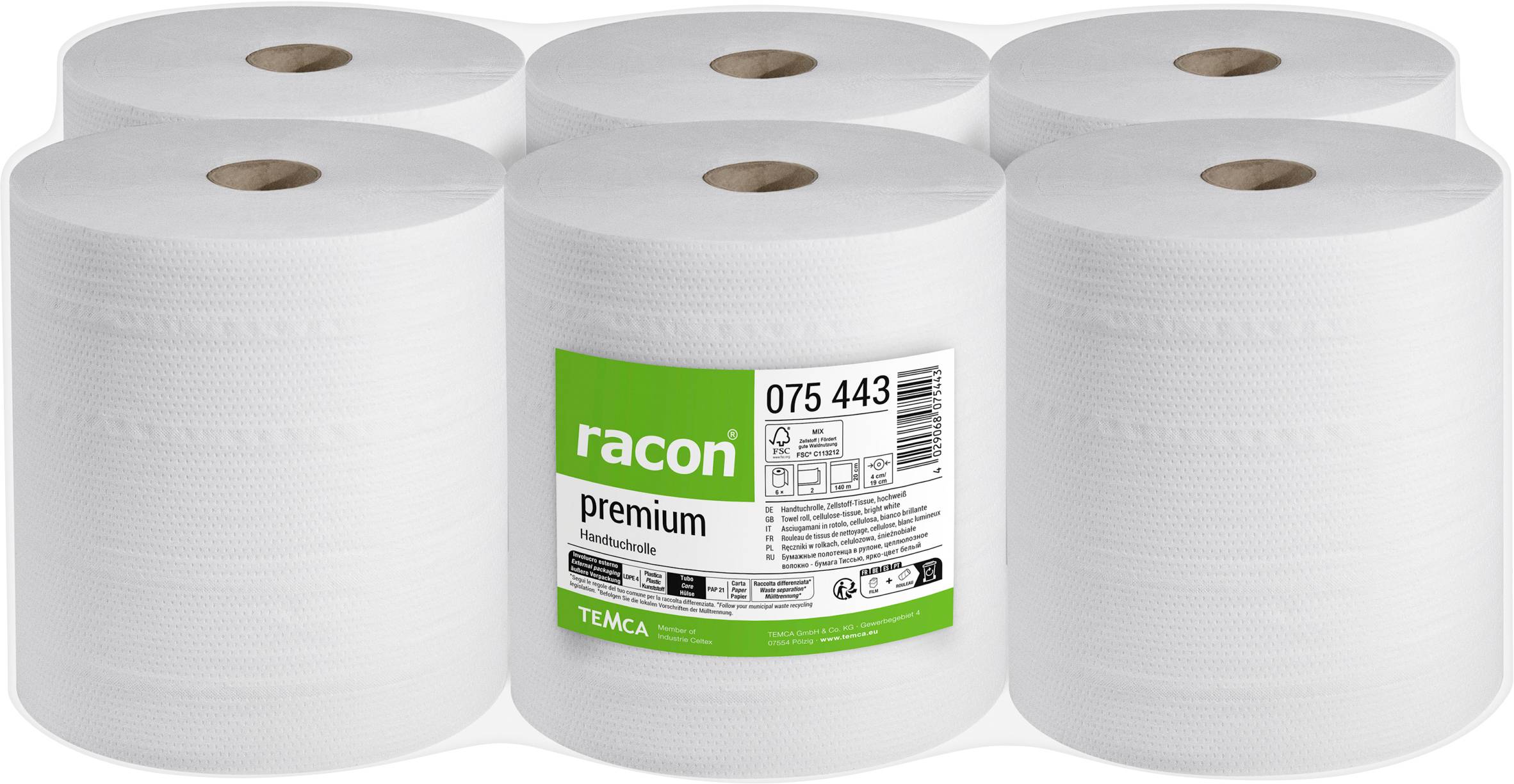 Six rouleaux de papier essuie-tout blanc, avec un rouleau de devant étiqueté « racon premium » et « TEMCA » dans un emballage vert et blanc.