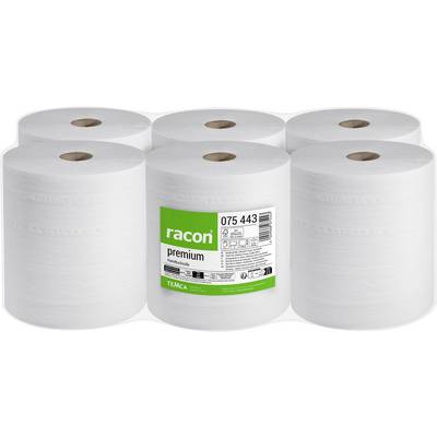 Six rouleaux de papier essuie-tout blanc, avec un rouleau de devant étiqueté « racon premium » et « TEMCA » dans un emballage vert et blanc.